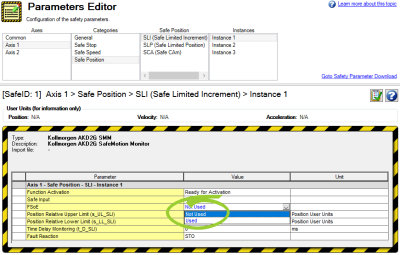 Parameters Editor with FSoE options displayed and circled